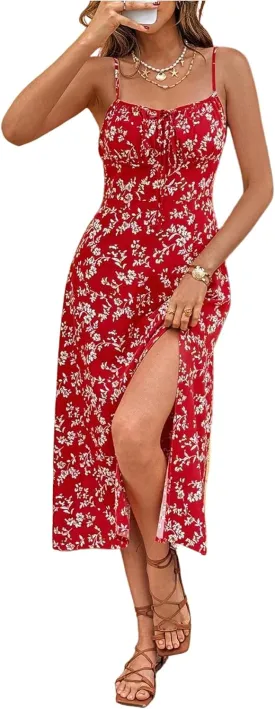 Milumia Women's Floral Print Boho Side Slit High Waist Tie Cami Midi Summer Dress