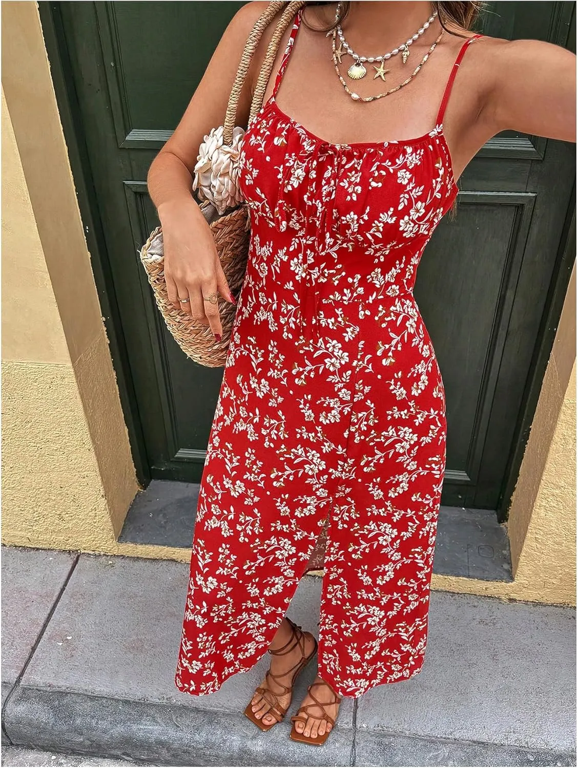 Milumia Women's Floral Print Boho Side Slit High Waist Tie Cami Midi Summer Dress