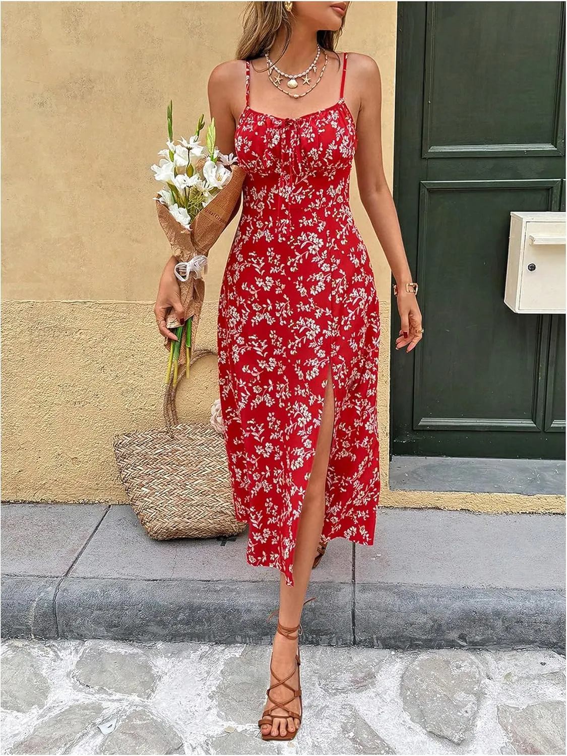Milumia Women's Floral Print Boho Side Slit High Waist Tie Cami Midi Summer Dress