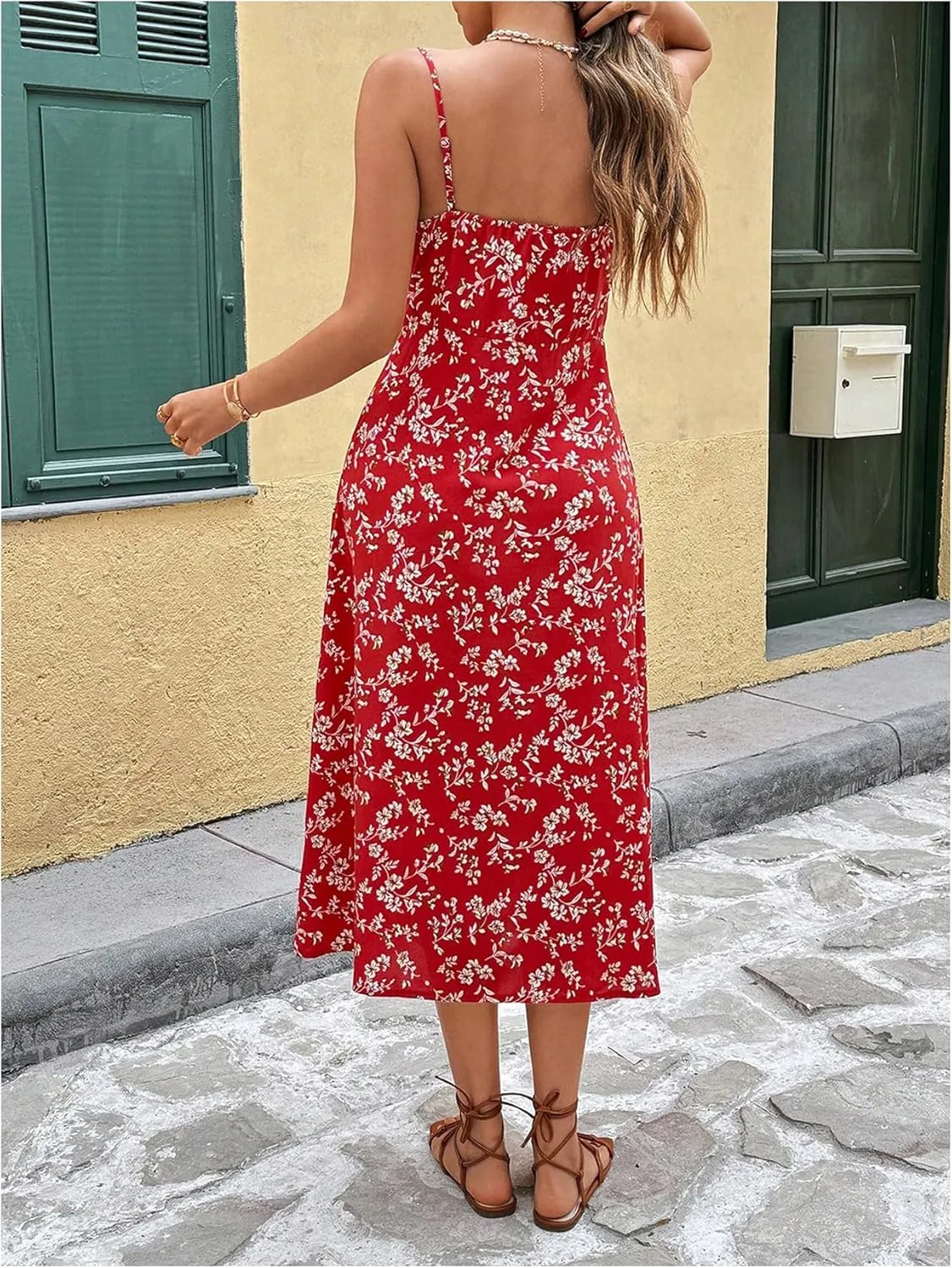 Milumia Women's Floral Print Boho Side Slit High Waist Tie Cami Midi Summer Dress