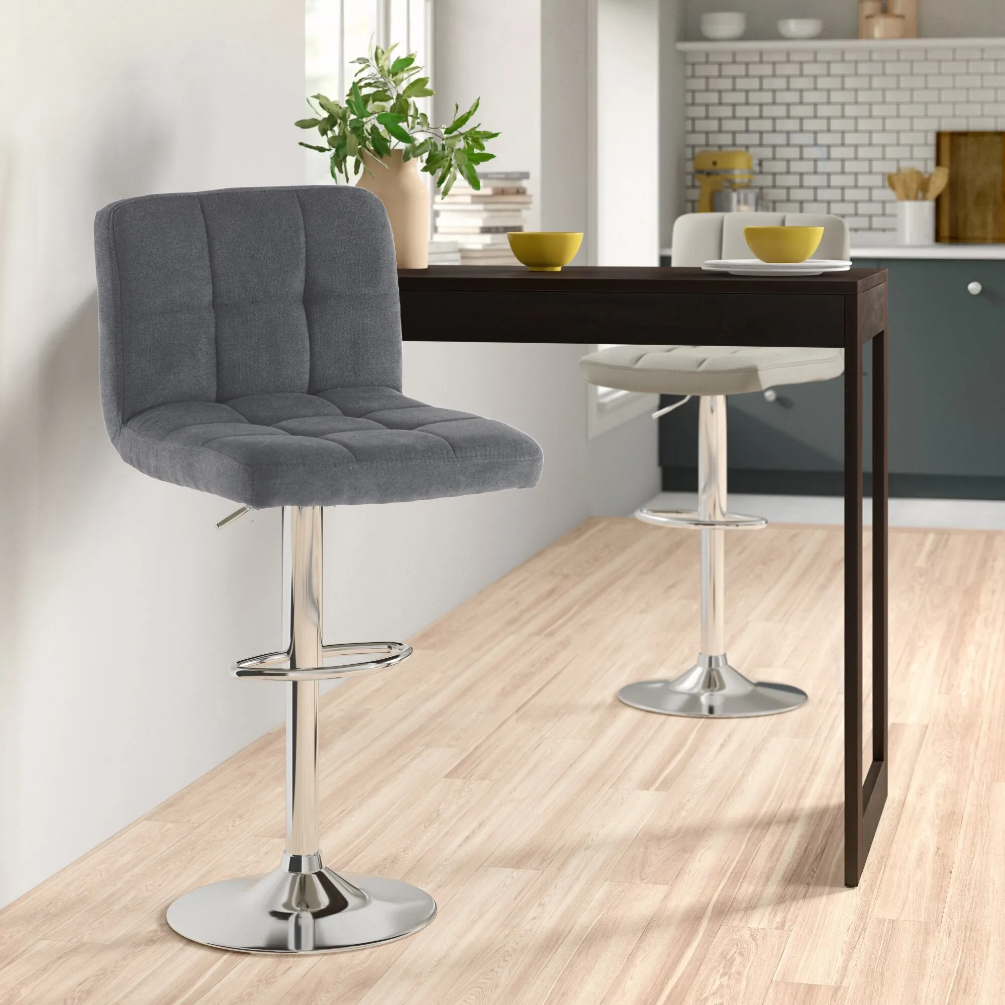 Neo Dark Grey Fabric Swivel Bar Stool with Polished Chrome Leg