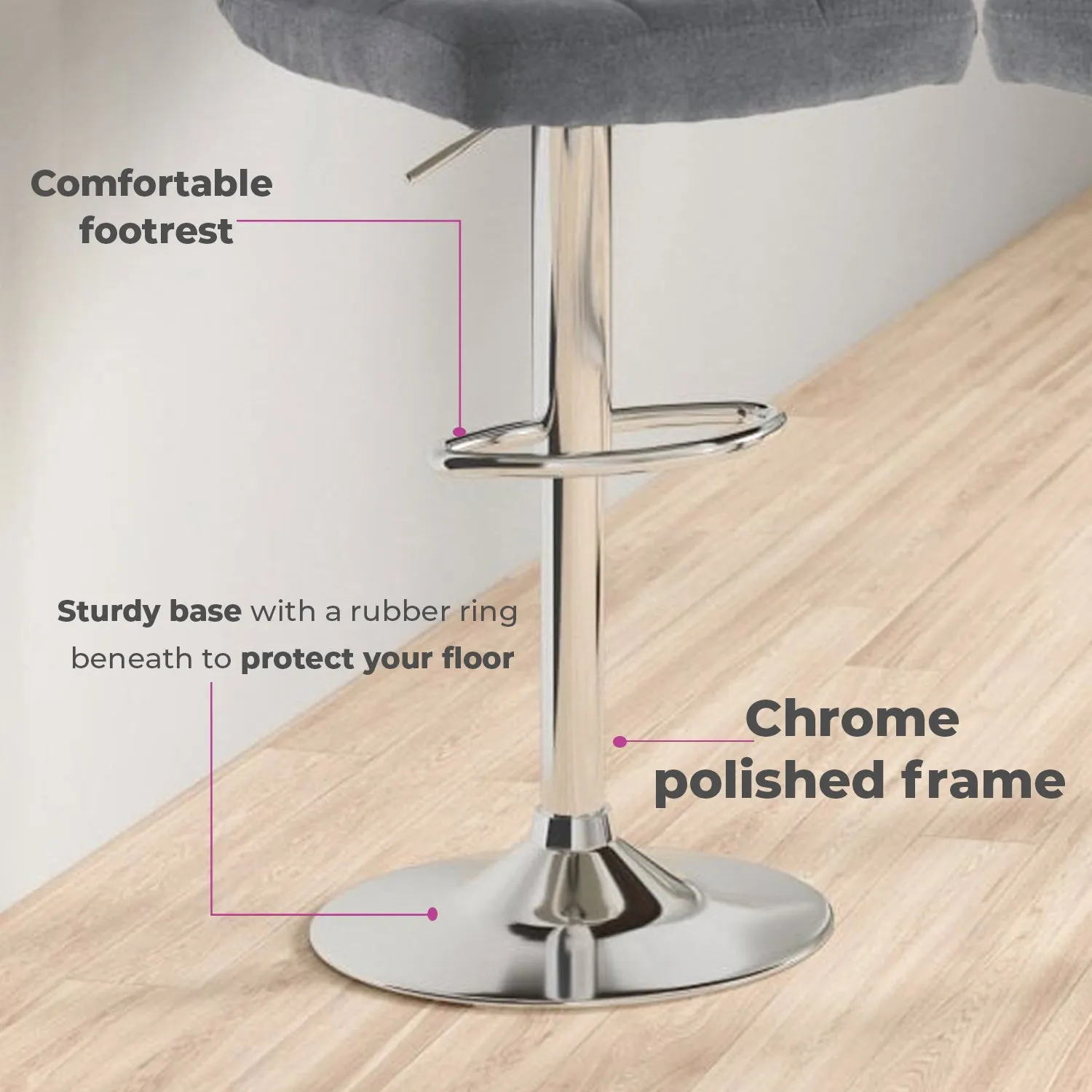 Neo Dark Grey Fabric Swivel Bar Stool with Polished Chrome Leg