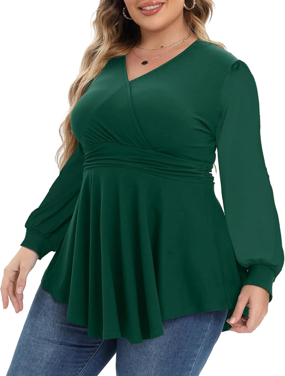 Plus Size Tops for Women Lace Long Sleeve Fall Shirts Casual Dressy Wrap V Neck Pleated Tunic Top
