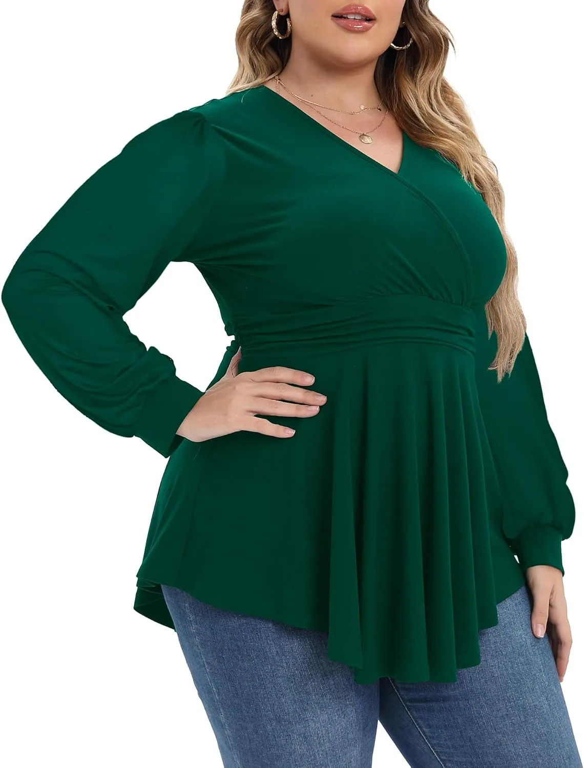 Plus Size Tops for Women Lace Long Sleeve Fall Shirts Casual Dressy Wrap V Neck Pleated Tunic Top