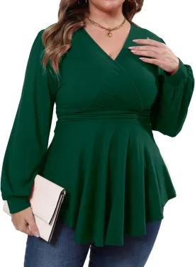 Plus Size Tops for Women Lace Long Sleeve Fall Shirts Casual Dressy Wrap V Neck Pleated Tunic Top