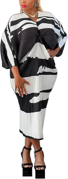 Ptorlio Sexy African Dresses Attire for Women V Neck Floral Pleated Midi Dress Plus Size