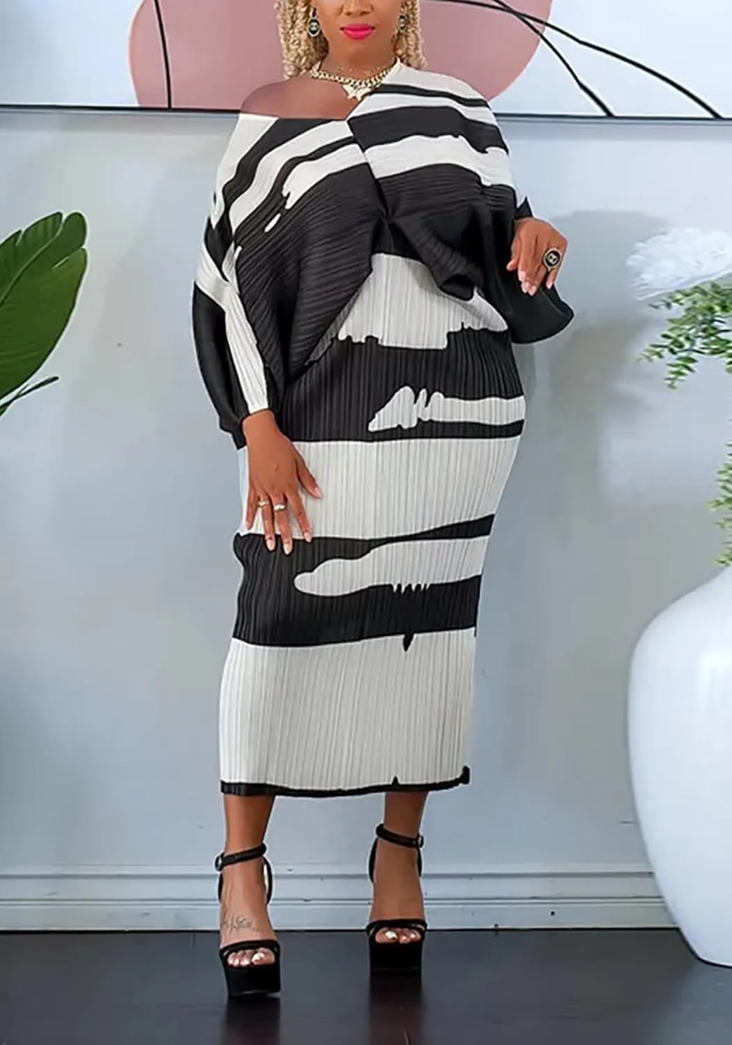Ptorlio Sexy African Dresses Attire for Women V Neck Floral Pleated Midi Dress Plus Size
