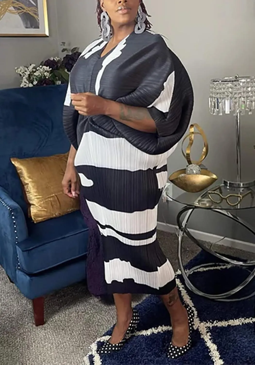 Ptorlio Sexy African Dresses Attire for Women V Neck Floral Pleated Midi Dress Plus Size