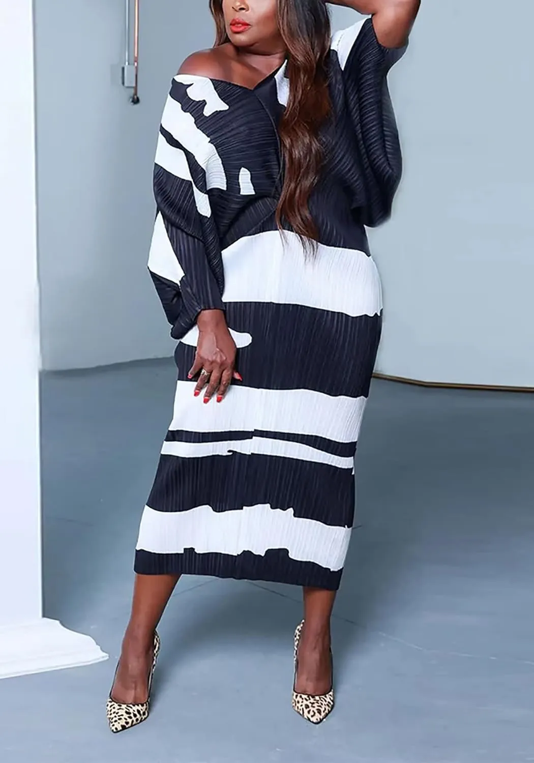 Ptorlio Sexy African Dresses Attire for Women V Neck Floral Pleated Midi Dress Plus Size