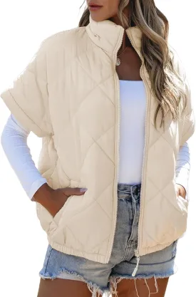 SHEWIN Quilted Jackets For Women 2024 Casual Lightweight Short Sleeve Zip Up Warm Vests