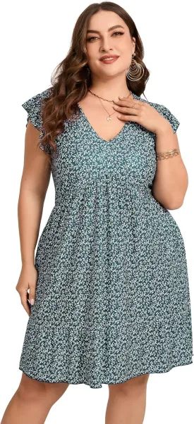ShopWonder Womens Plus Size Casual V Neck Dress Loose Swing Ruffle Summer Boho Midi Dress with Pockets
