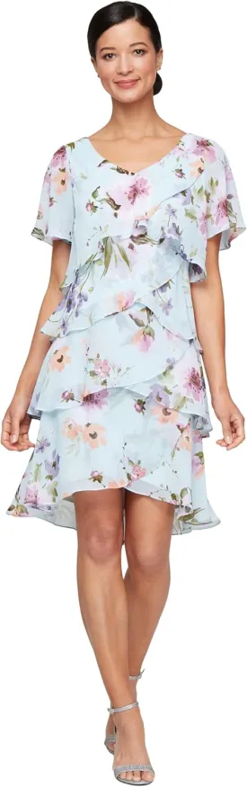 S.L. Fashions Women's Short Sleeve Floral Tiered Chiffon Cocktail Spring/Summer, Wedding Guest Dress