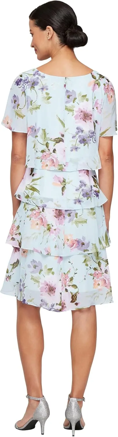 S.L. Fashions Women's Short Sleeve Floral Tiered Chiffon Cocktail Spring/Summer, Wedding Guest Dress