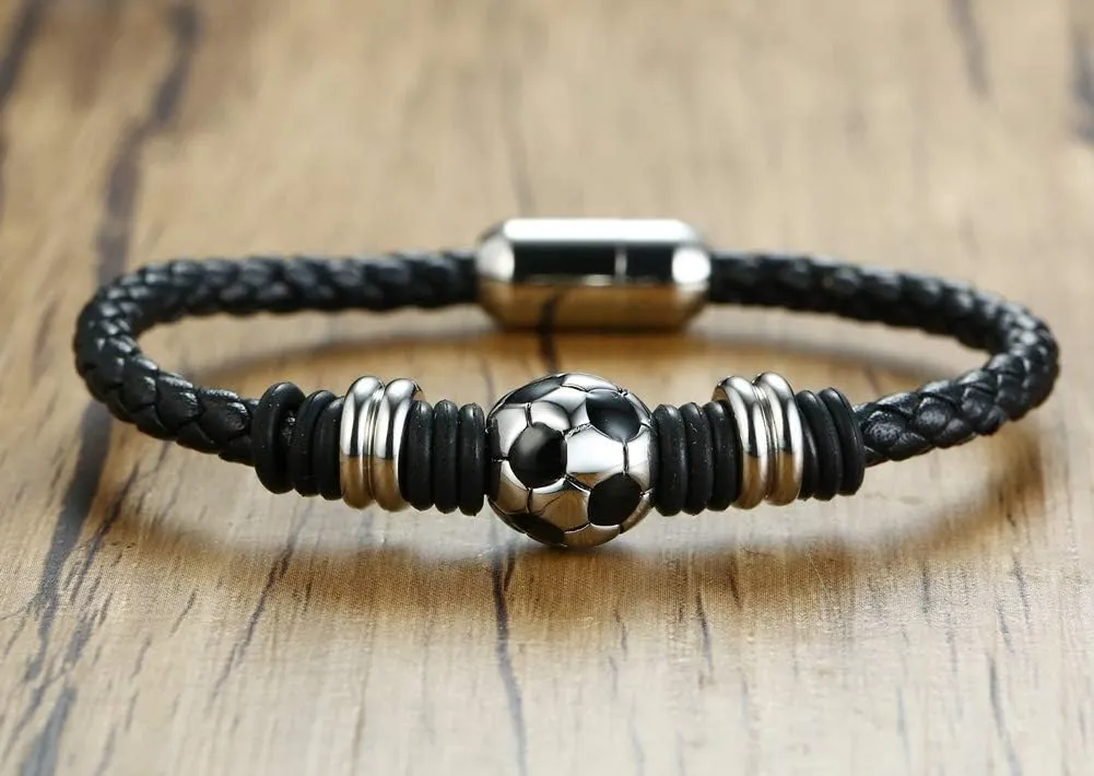 Soccer Bracelet for Boys Men Braided Soccer Leather Wristband Gifts for Son with Solid Stainless Steel Soccer Ball Charm, Customized Initial Name on Clasp, Football Jewelry gift