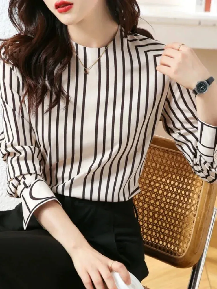 Stripe Loose Fashionable Vintage Office Sleeve Elegant French Spring Lady O-Neck Long Top