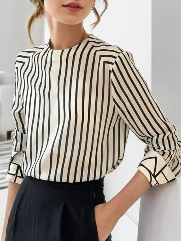 Stripe Loose Fashionable Vintage Office Sleeve Elegant French Spring Lady O-Neck Long Top