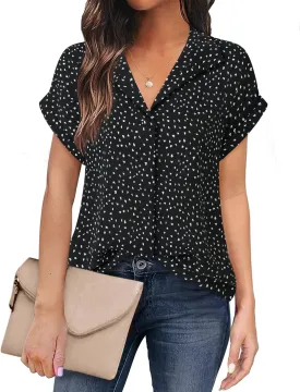 Timeson Women's Short Sleeve Chiffon Blouses for Office Work Business Attire Collared Shirts
