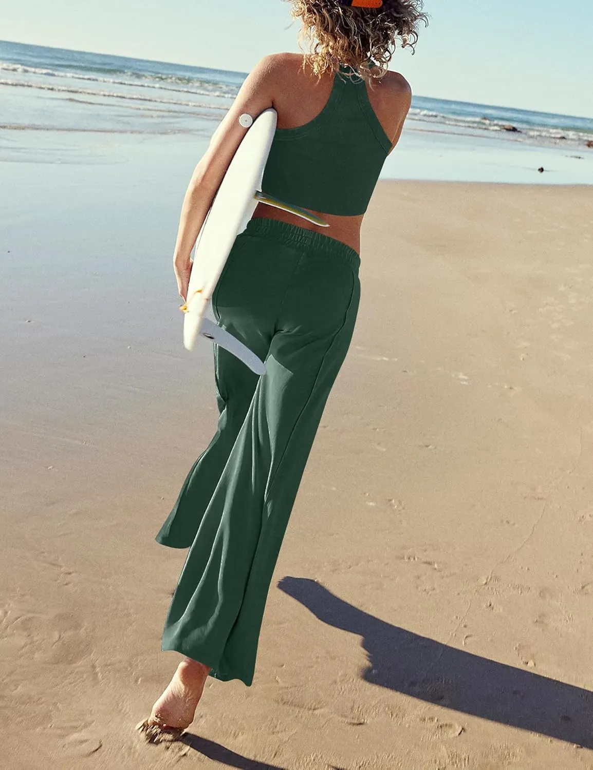 Ugerlov Women's Two Piece Summer Sets Ribbed Tank Crop Top Wide Leg Pants 2 Piece Outfits Matching Lounge Sets Tracksuit