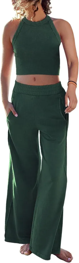 Ugerlov Women's Two Piece Summer Sets Ribbed Tank Crop Top Wide Leg Pants 2 Piece Outfits Matching Lounge Sets Tracksuit