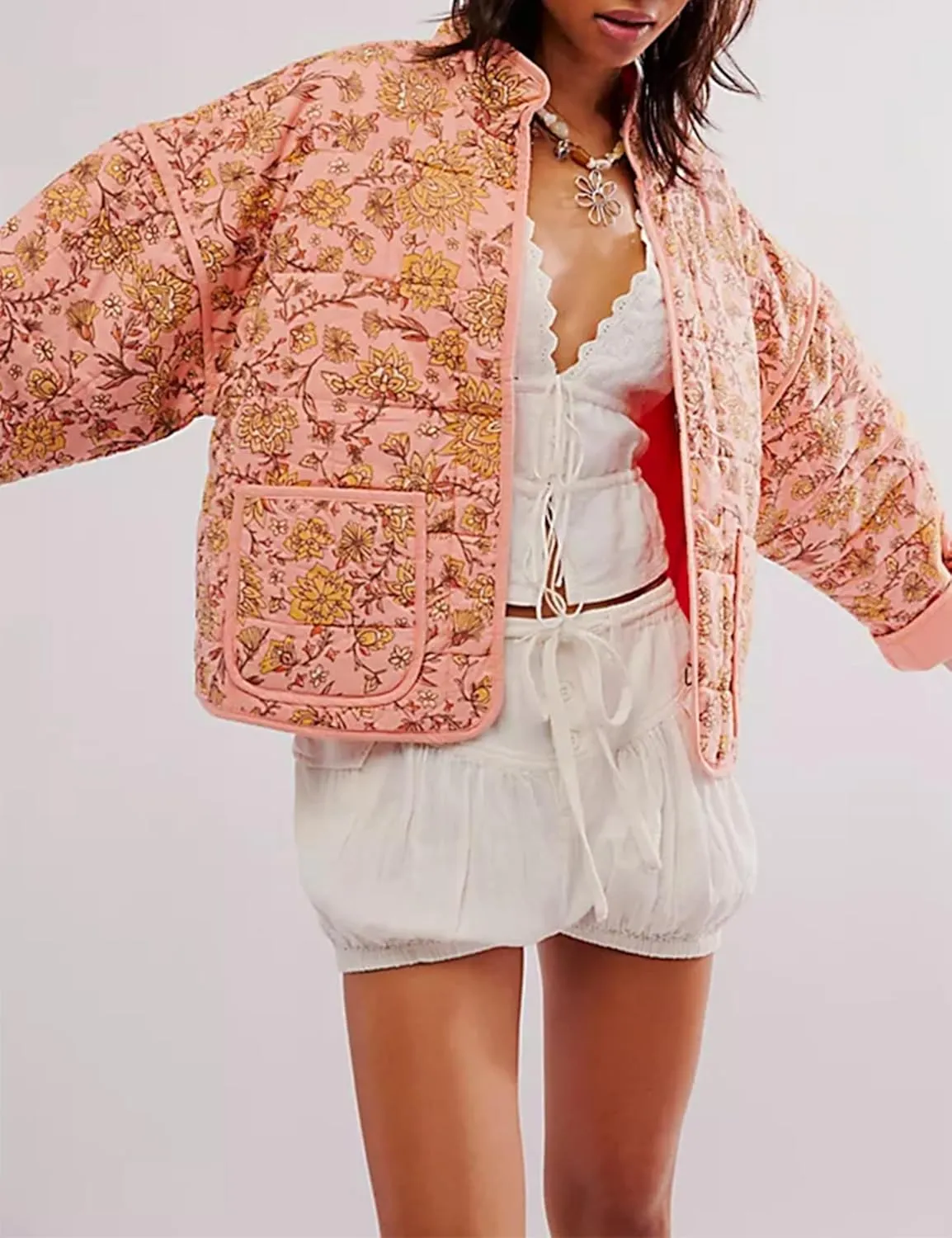 Womens Cropped Floral Puffer Jacket Lightweight Open Front Long Sleeve Padded Quilted Coat with Pockets
