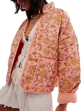 Womens Cropped Floral Puffer Jacket Lightweight Open Front Long Sleeve Padded Quilted Coat with Pockets
