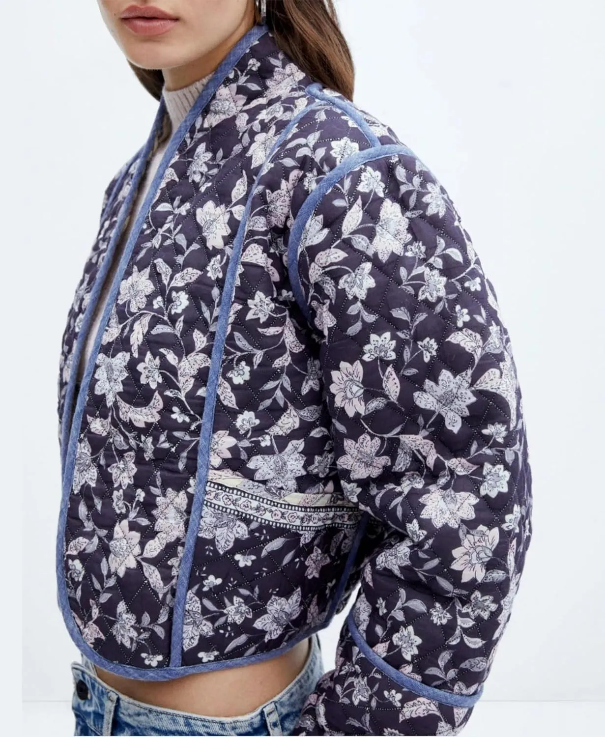 Womens Cropped Floral Puffer Jacket Lightweight Open Front Long Sleeve Padded Quilted Coat with Pockets