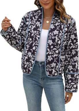 Womens Cropped Floral Puffer Jacket Lightweight Open Front Long Sleeve Padded Quilted Coat with Pockets