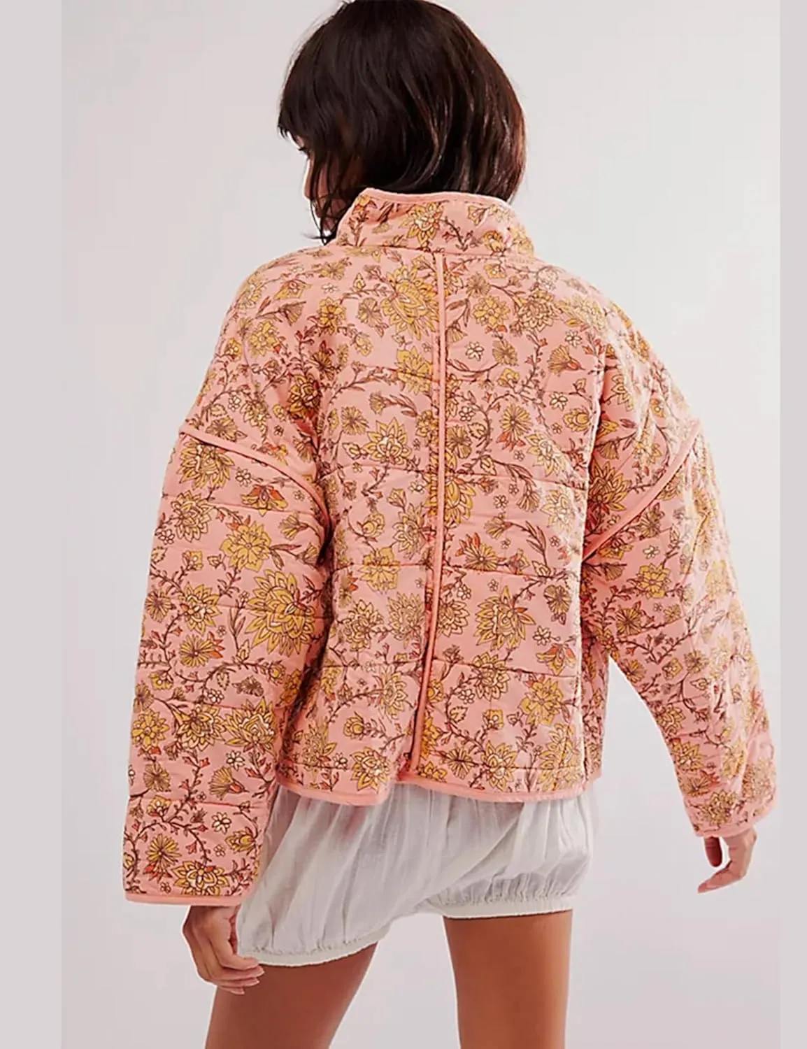 Womens Cropped Floral Puffer Jacket Lightweight Open Front Long Sleeve Padded Quilted Coat with Pockets