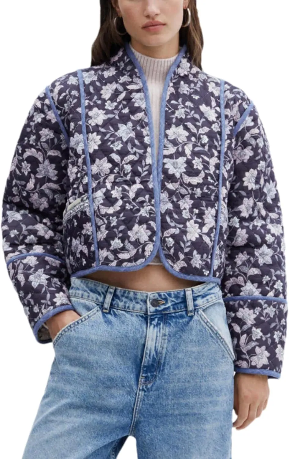Womens Cropped Floral Puffer Jacket Lightweight Open Front Long Sleeve Padded Quilted Coat with Pockets