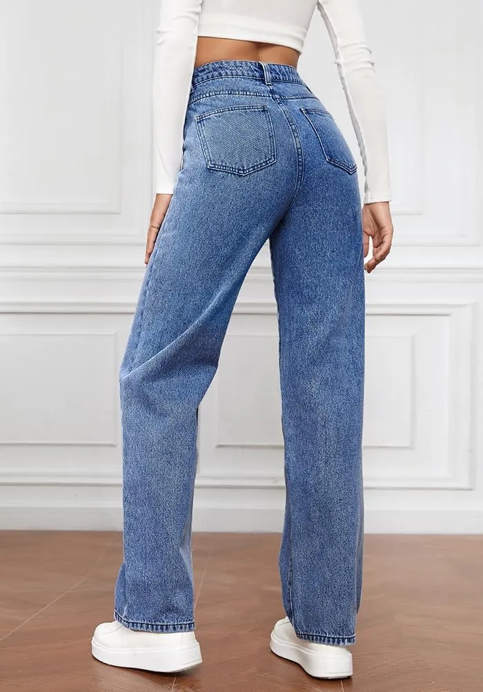 Womens High Waist Jeans Wide Leg Straight Boyfriend Denim Pants Loose Fit Casual Trendy Jeans Trousers