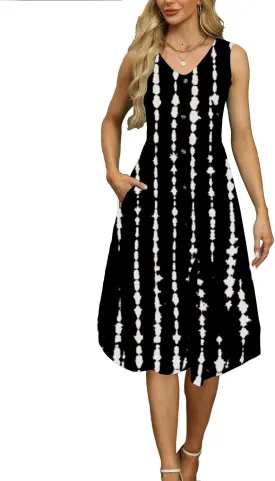 Women's Summer Sleeveless Dress Button Down Empire Waist Casual Midi Sundress with Pockets