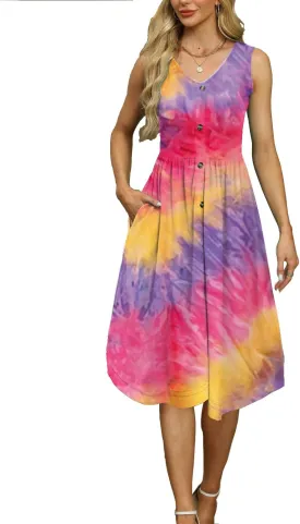 Women's Summer Sleeveless Dress Button Down Empire Waist Casual Midi Sundress with Pockets